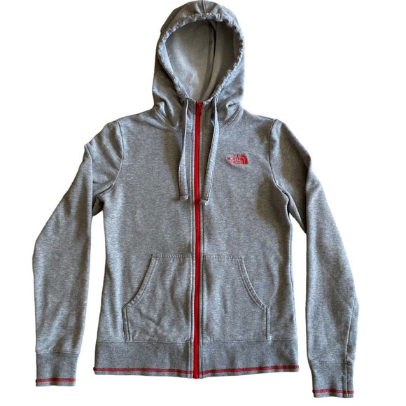 The North Face Tops - The North Face Womens Size Small Gray Full  Zip Up Pink LOGO Hoodie Sweater